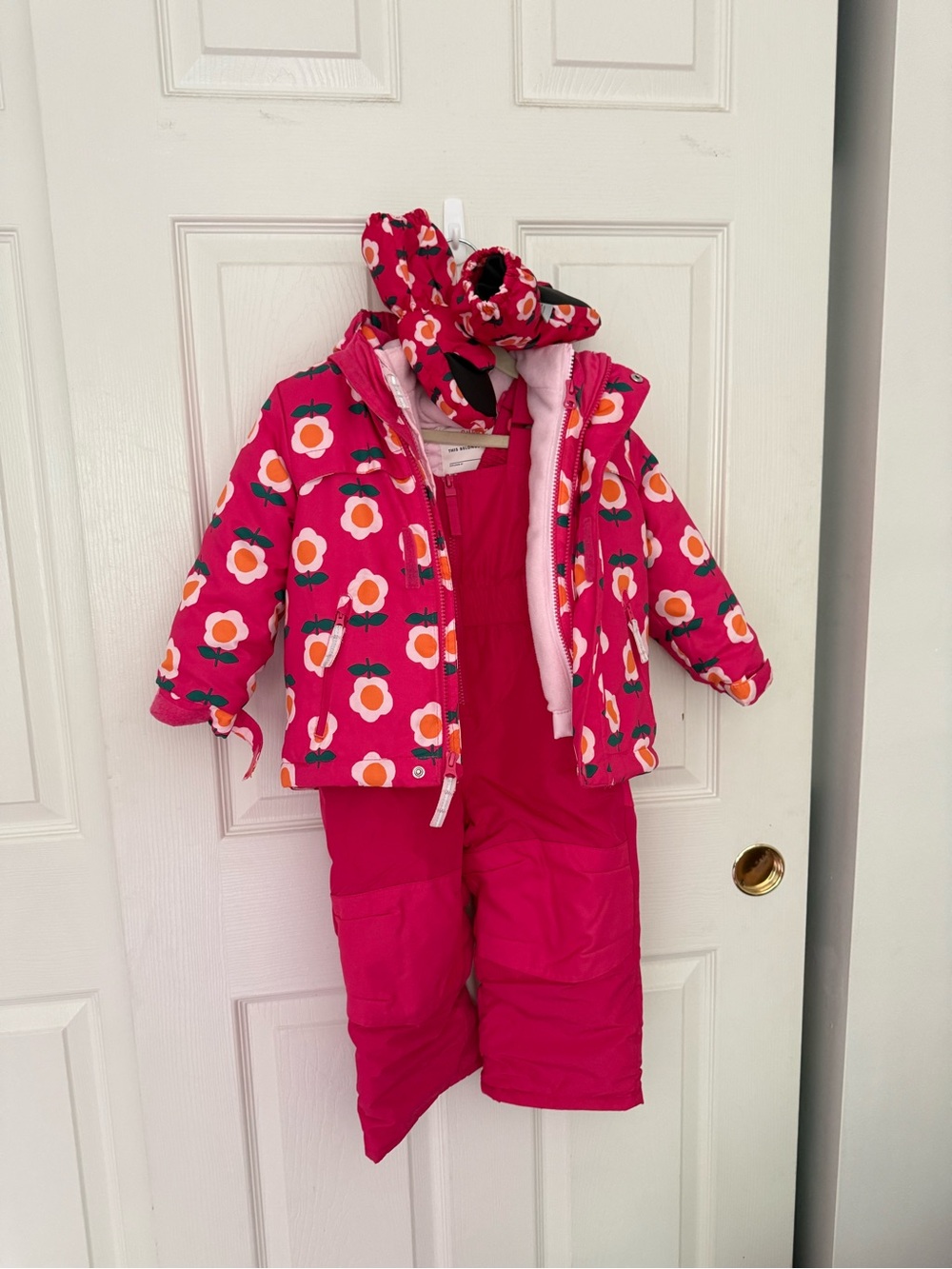 Hot Pink Floral Puffer Jacket with Orange Accents